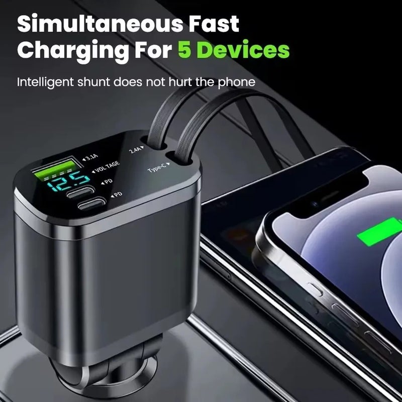 Y&D 5-IN-1 Retractable Car Charger: USB C Cable for iPhone, Samsung, Huawei - Fast Charge PD & QC3.0 Cigarette Lighter Adapter (12V-24V) Automobile Chargers - Image 5